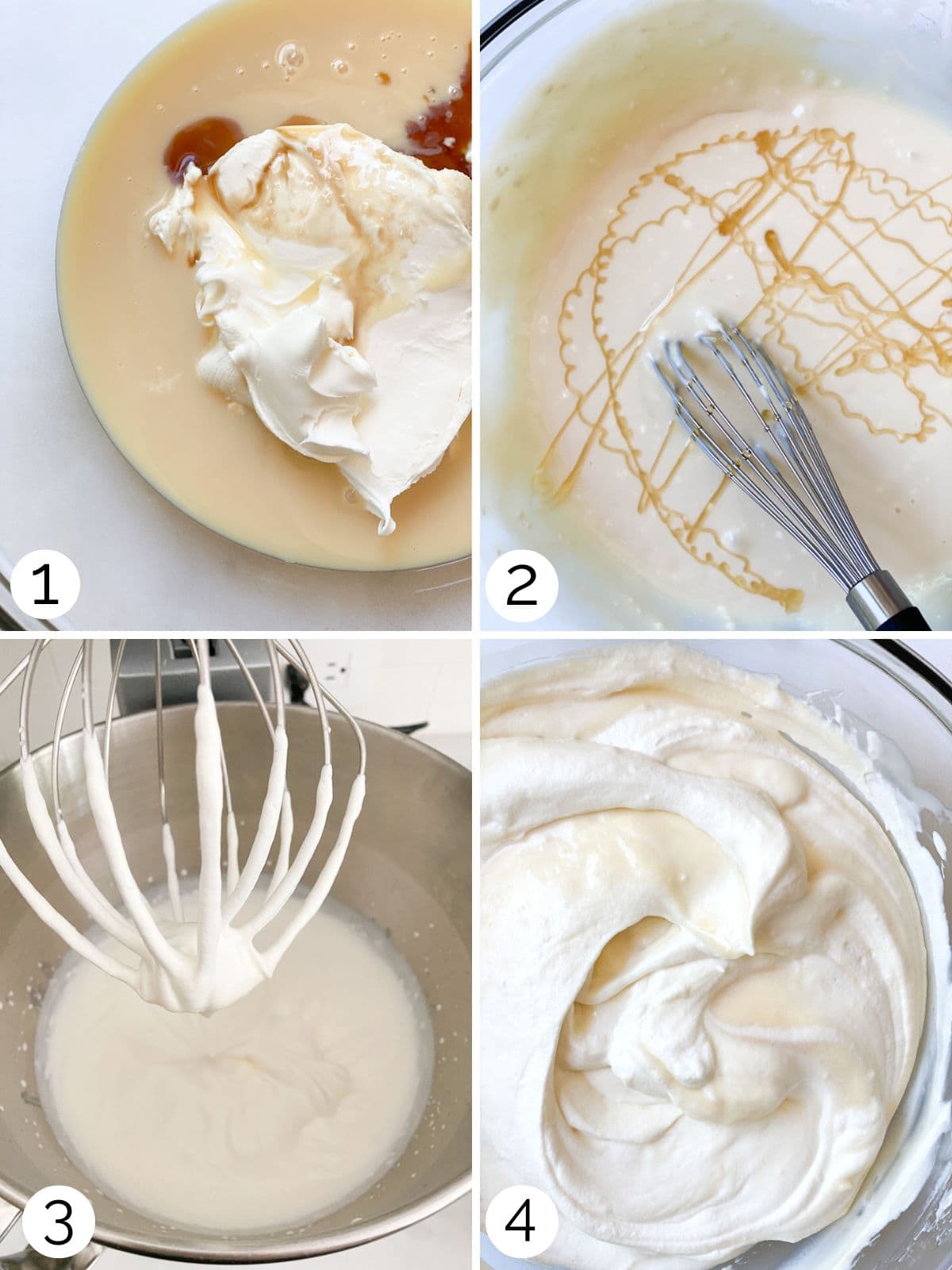 Step by step process for making no churn ice cream.