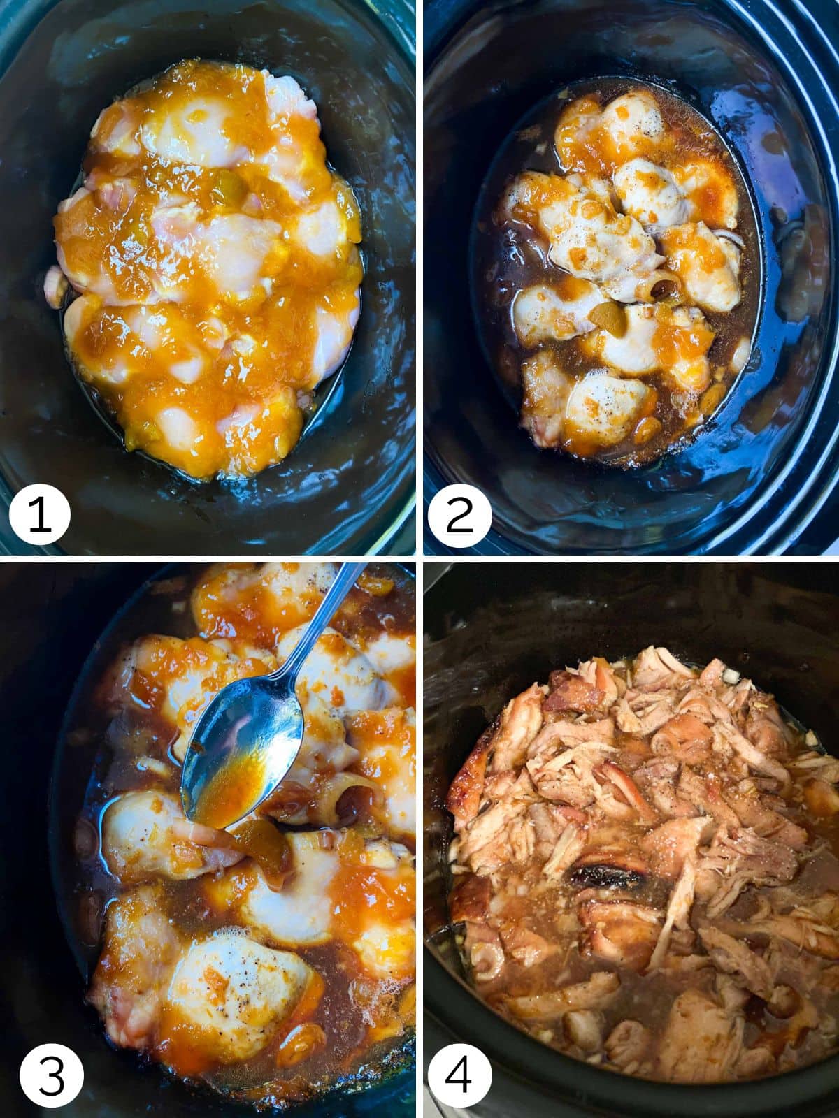 A step by step process for how to slow cook chicken and shred it.