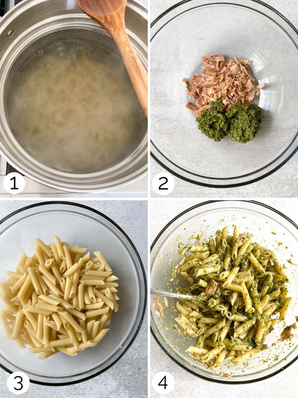 Mixing pasta into tuna and pesto.