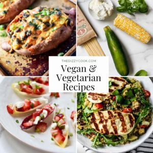 Photos of pasta, salad, endive, and sweet potatoes.