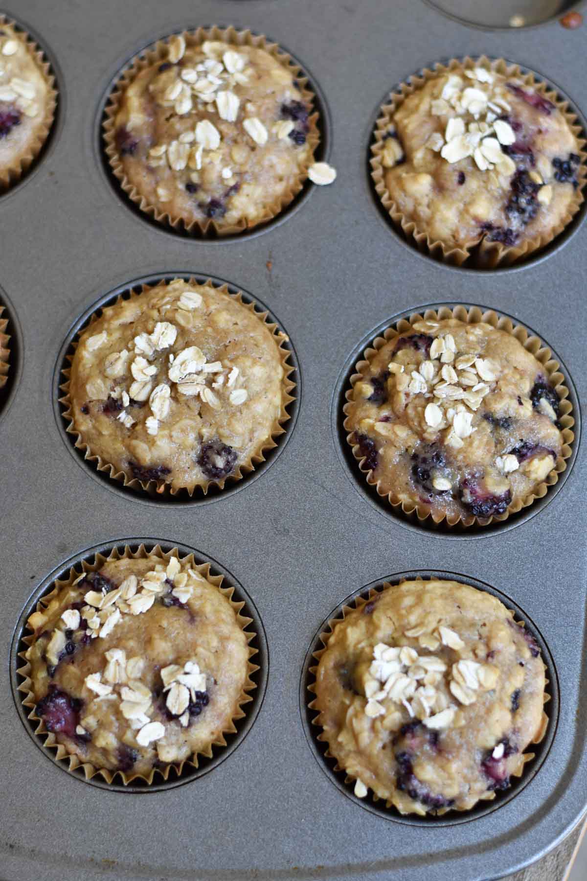 Muffins in a baking tin after just being baked.