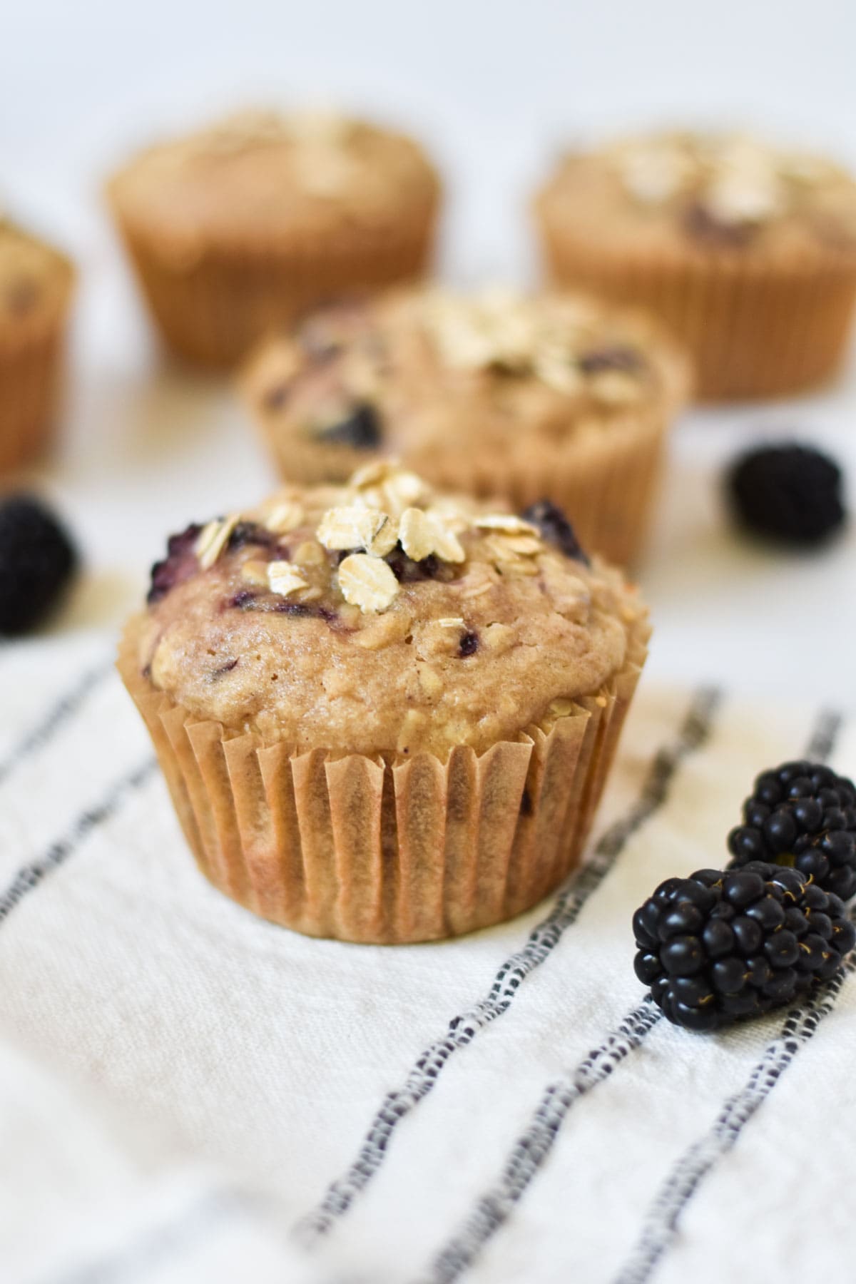 A muffin with blackberries around it.
