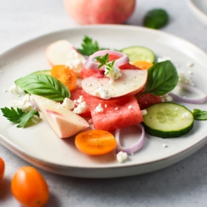 Watermelon peach salad topped with basil and cucumber.