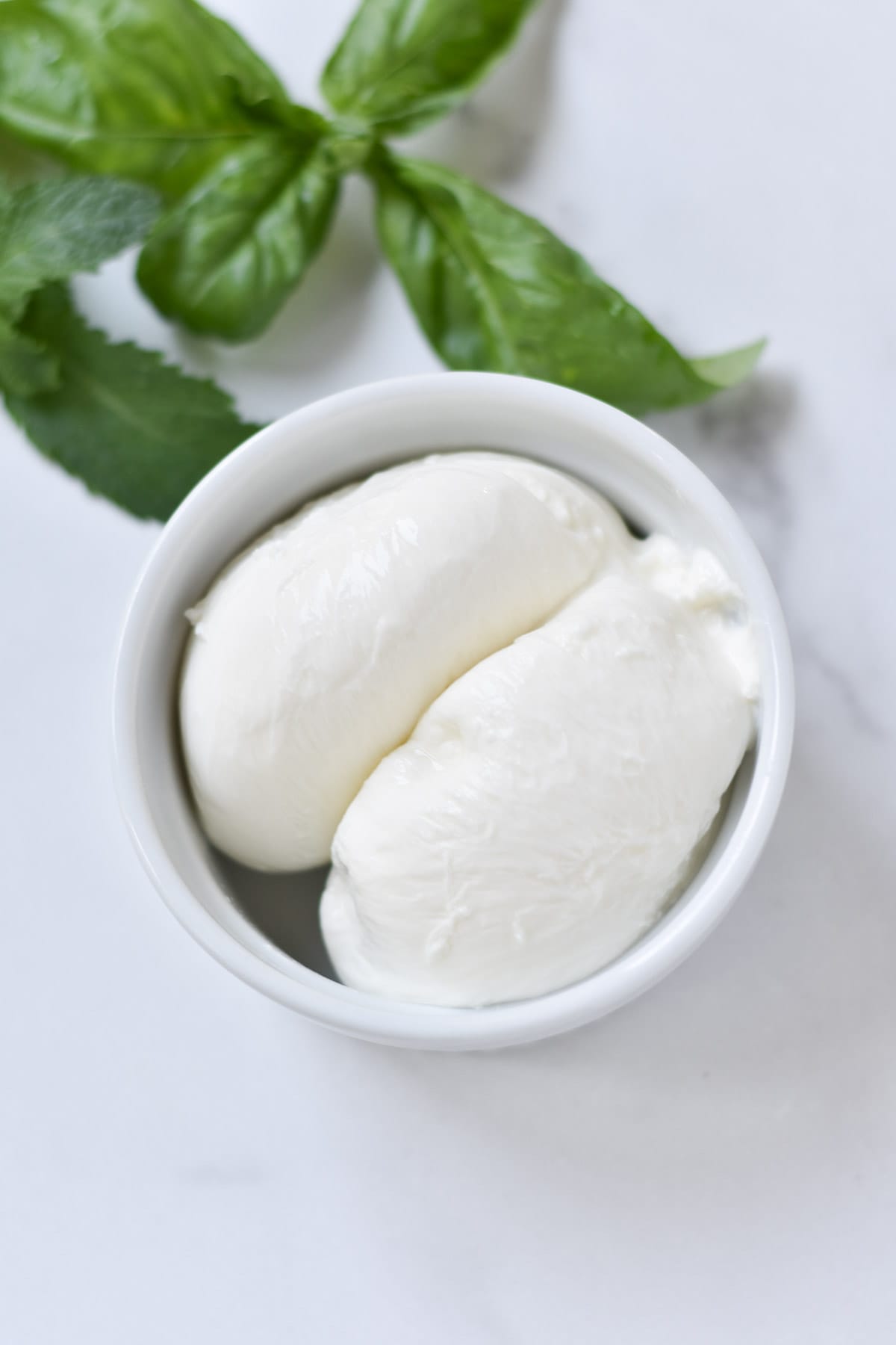 A cup filled with fresh burrata next to basil.