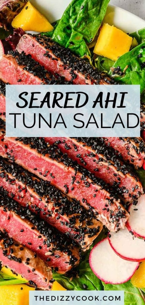 Sliced ahi tuna on a salad