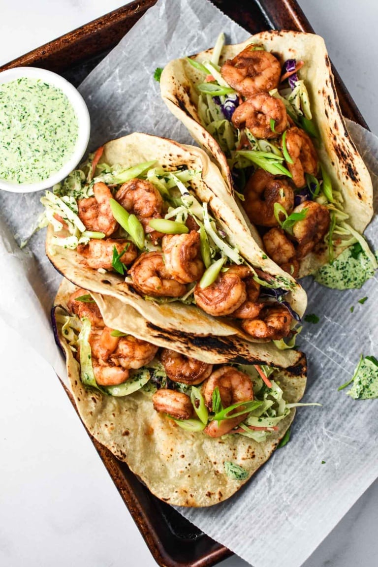 Healthy Shrimp Tacos with Cilantro Slaw - The Dizzy Cook