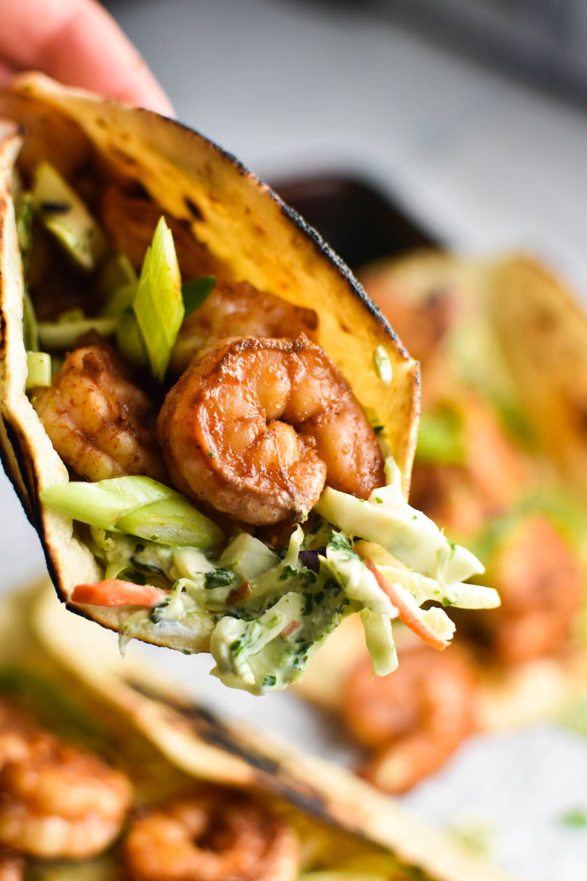 A hand holding a taco with shrimp and slaw.