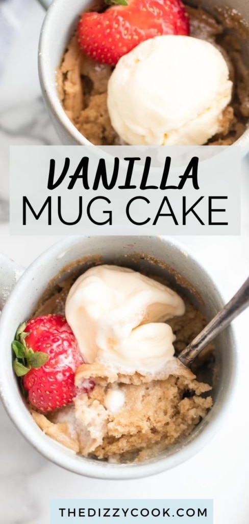 Two vanilla mug cakes with ice cream.