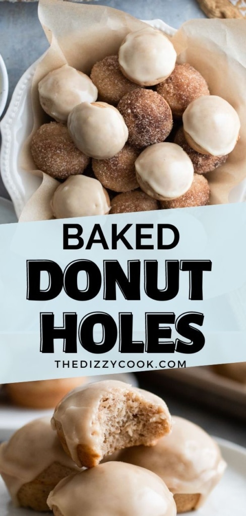 Baked donut holes with glaze and cinnamon sugar in a bowl.