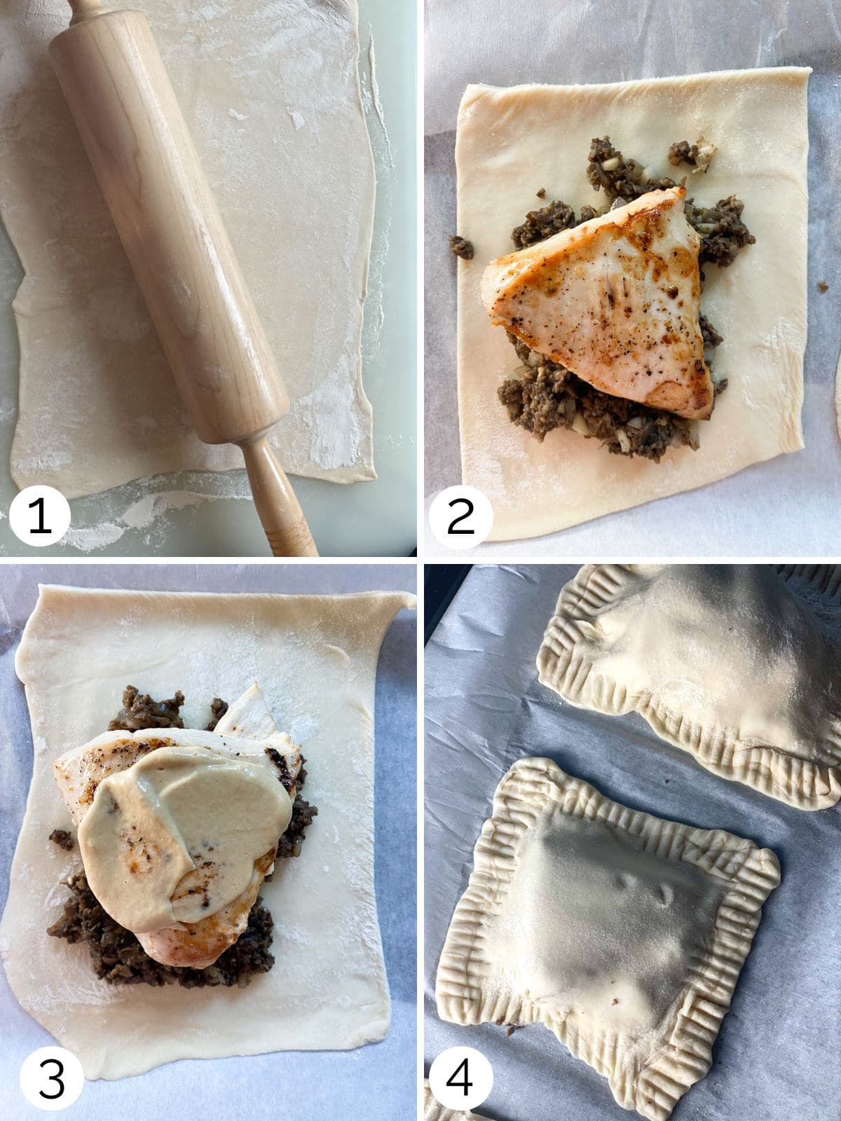 A step by step process of wrapping chicken in puff pastry. 