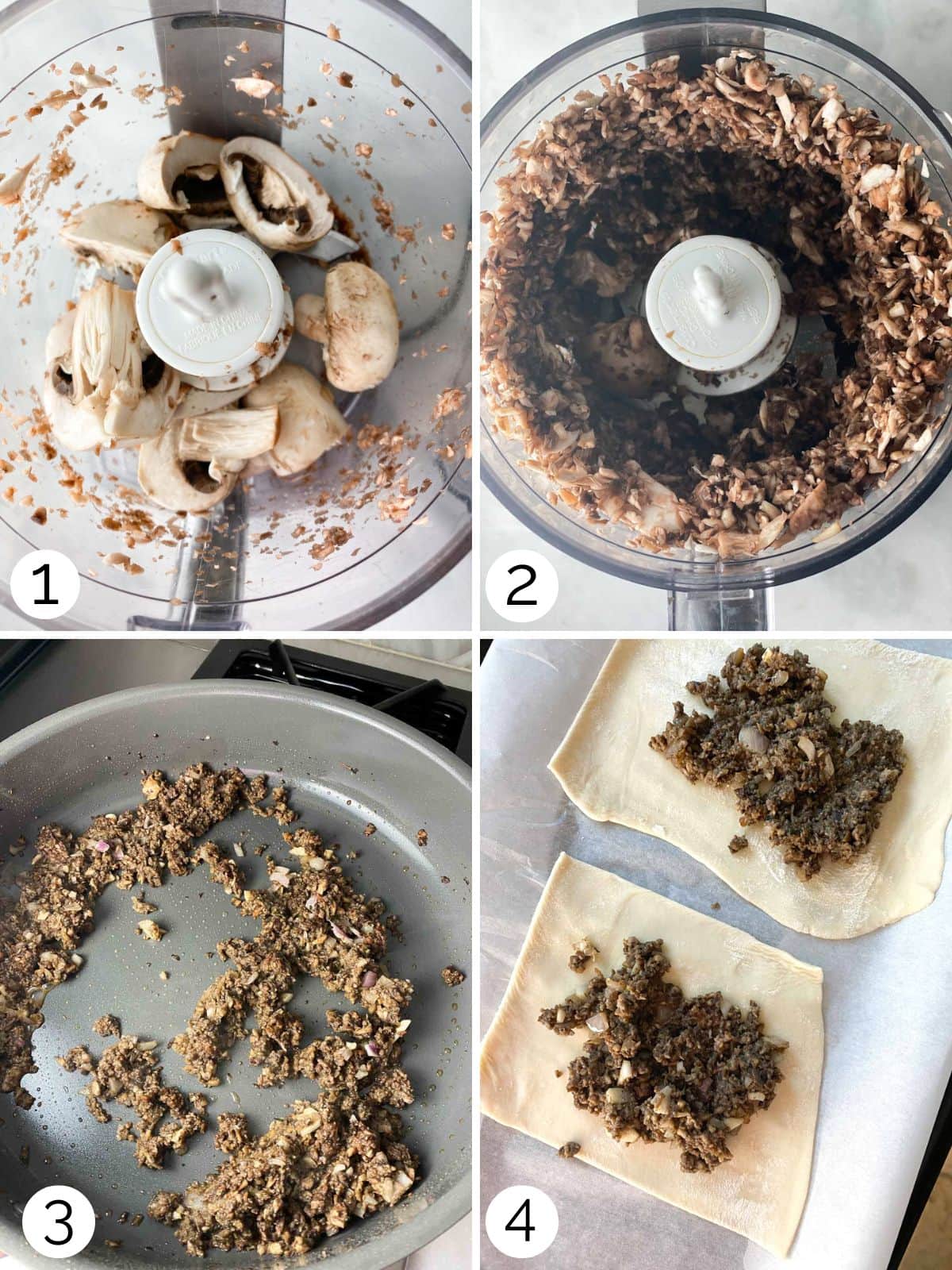 A step by step process of making mushroom and shallot duxelle. 