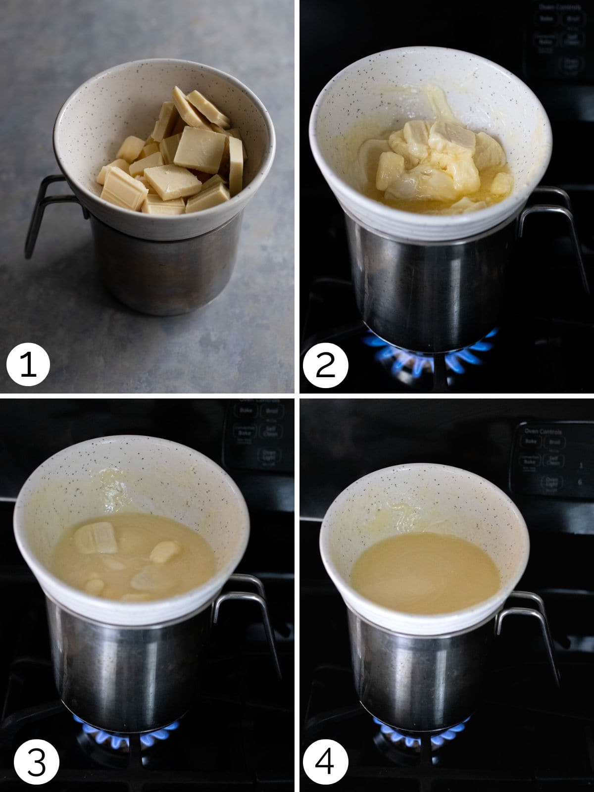 Process photos showing how to melt white chocolate in a double boiler.
