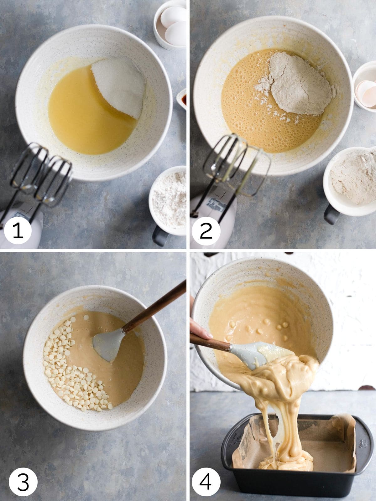 A step by step process of making white chocolate brownie batter and pouring it.