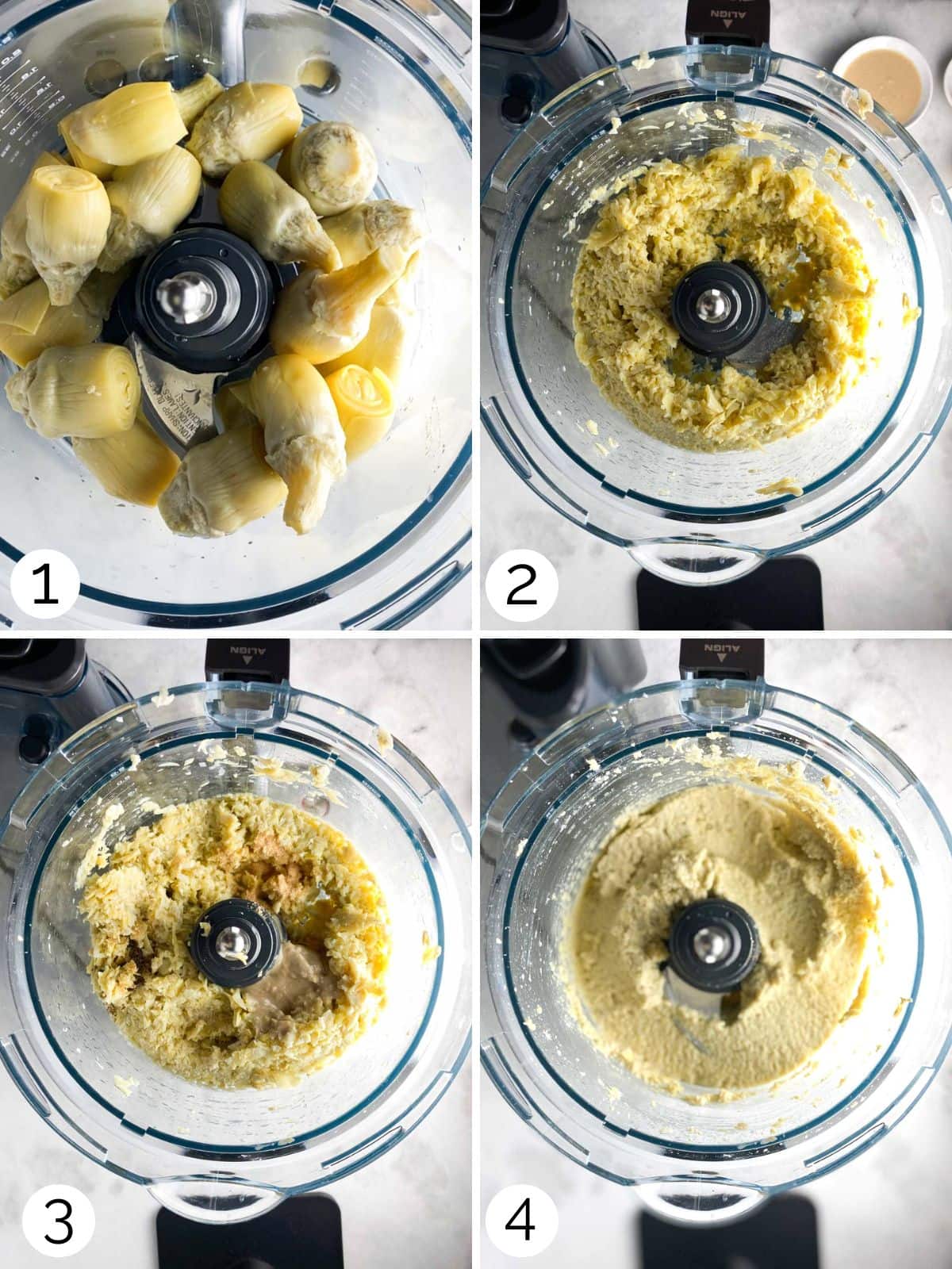 A step by step process for blending artichokes in food processor.