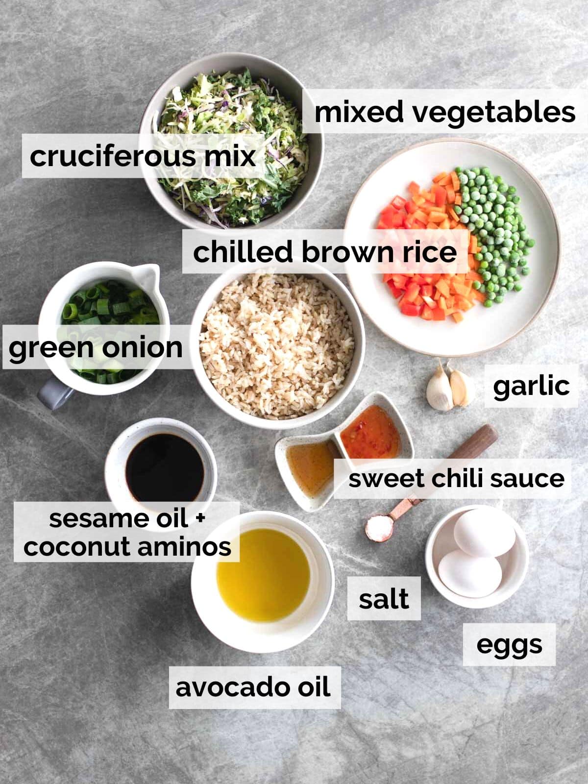 Ingredients for fried rice on a table.