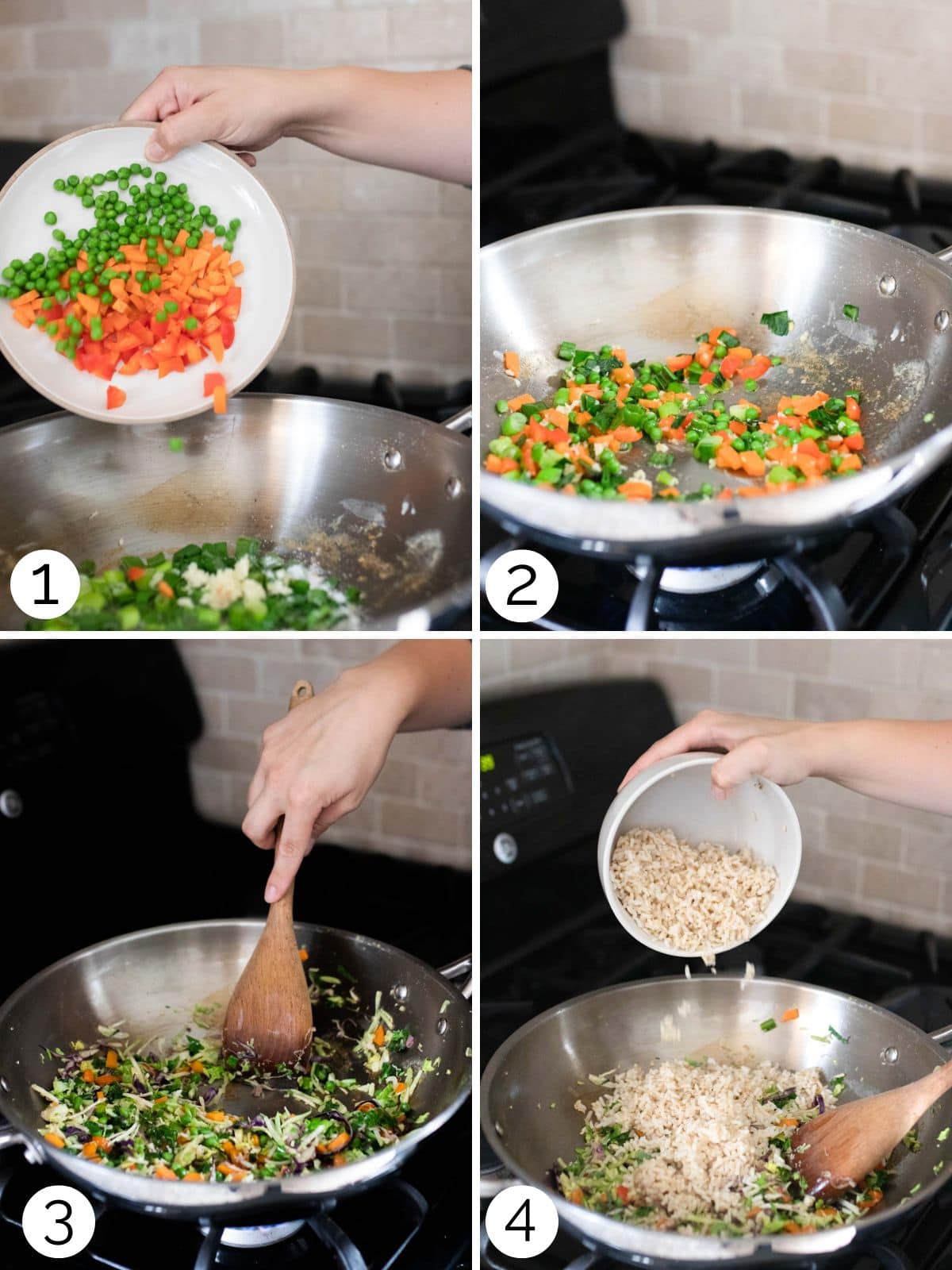 Process photos for cooking vegetables and cold rice.