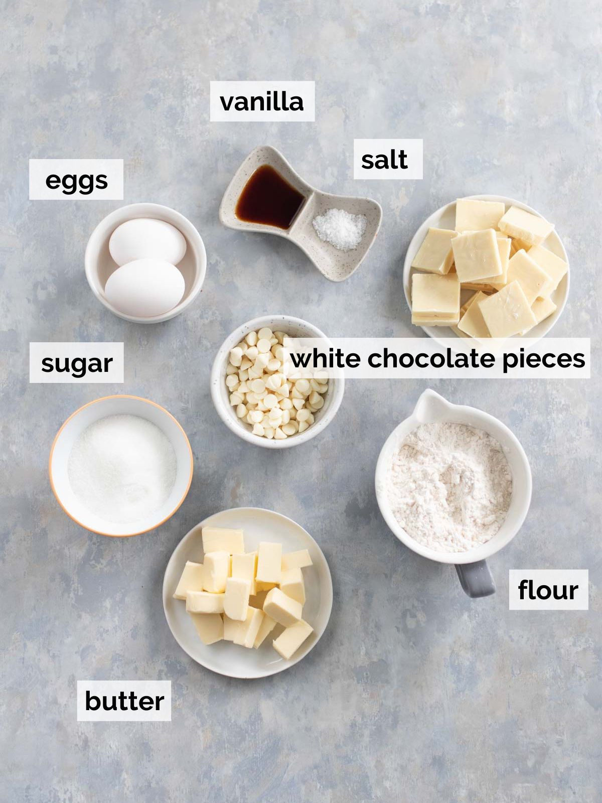 Ingredients for white chocolate blondie brownies.
