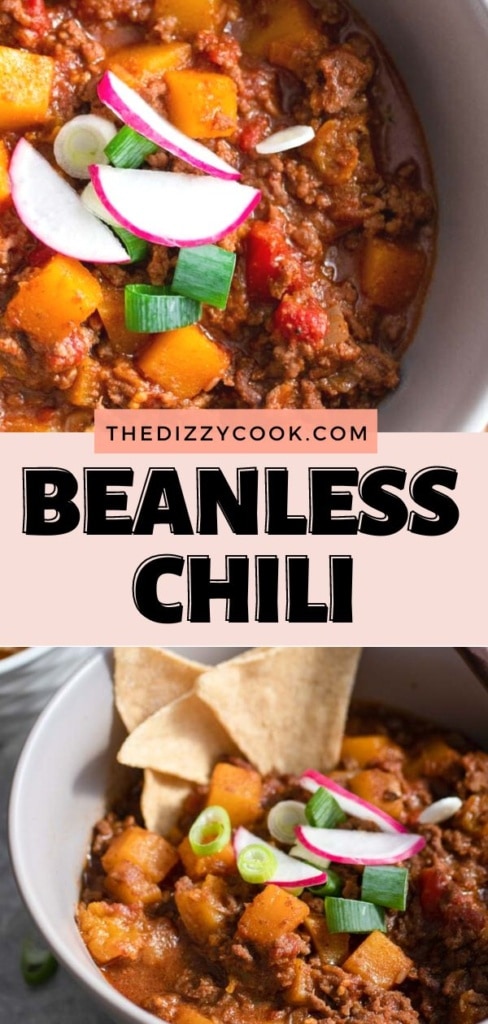 Beanless chili with tortilla chips.