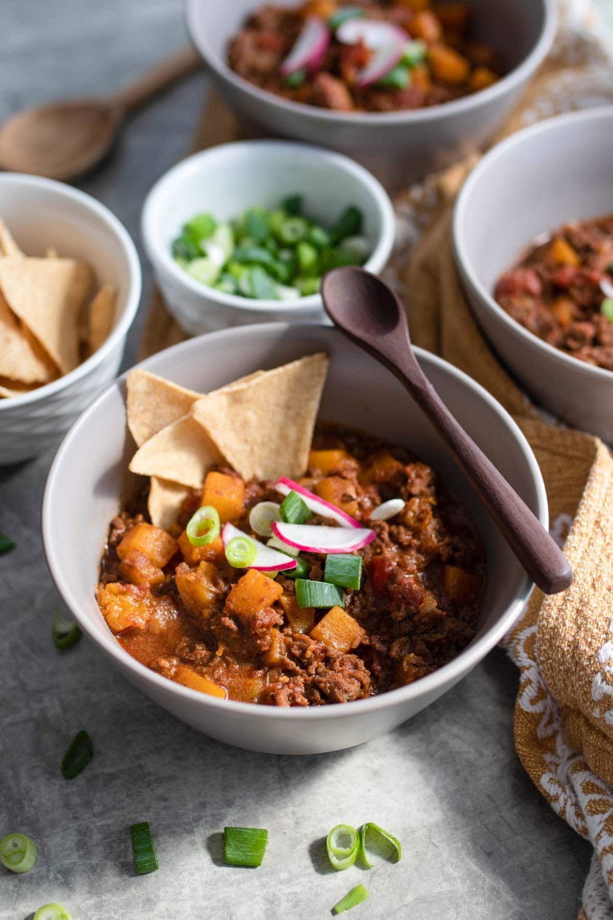 Beanless chili with tortilla chips.