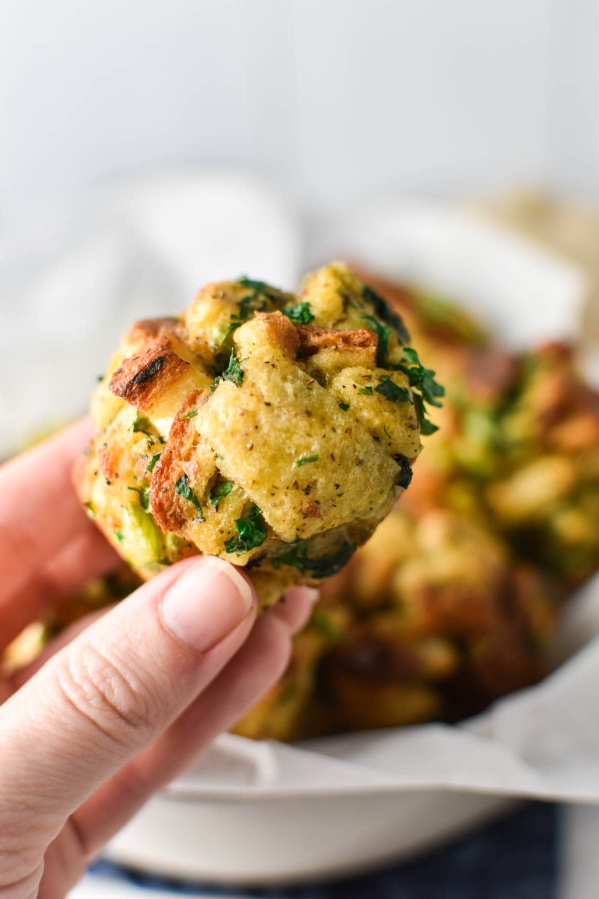 A hand holding a stuffing ball with parsley.