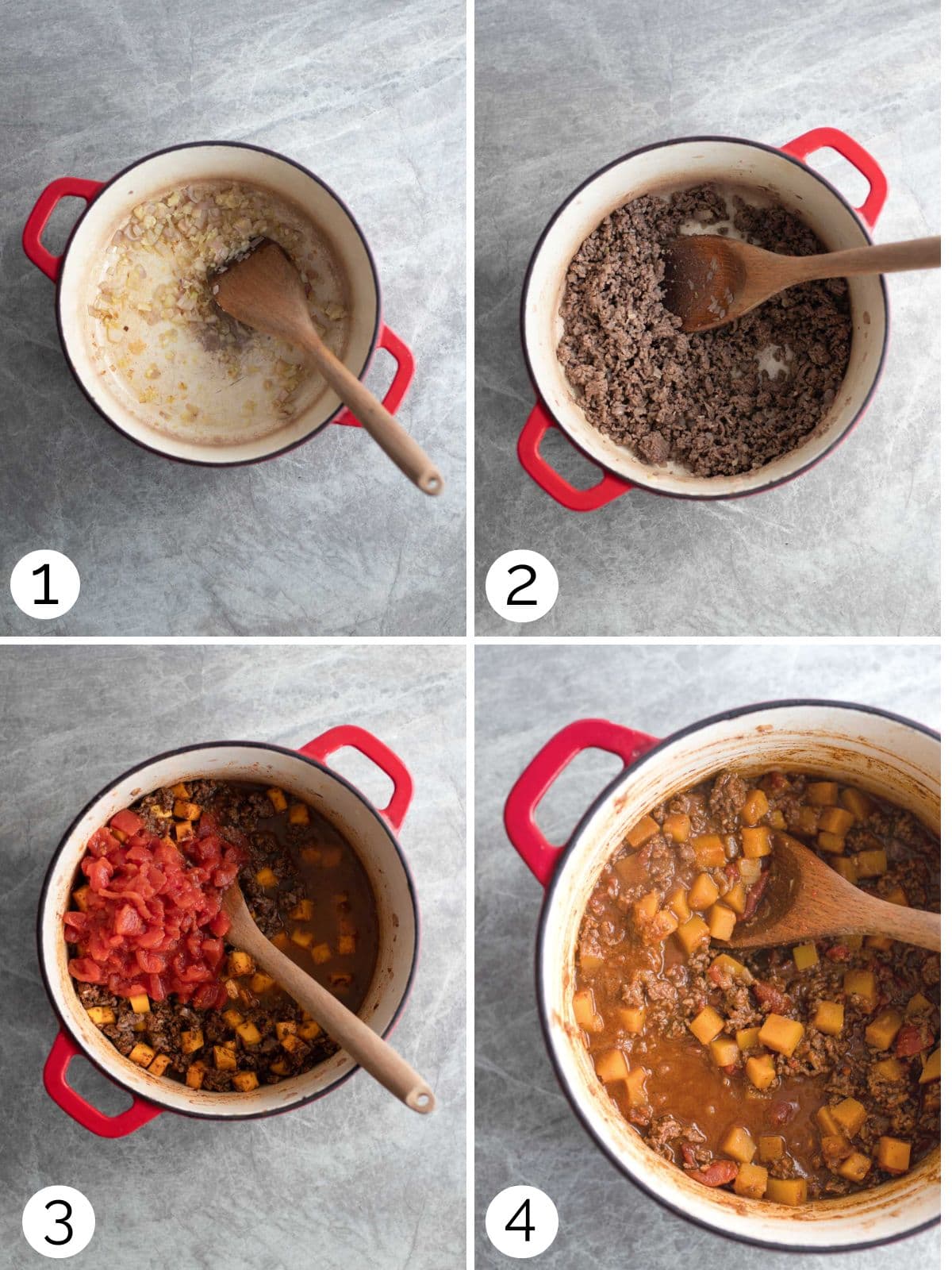Step by step process for making chili.