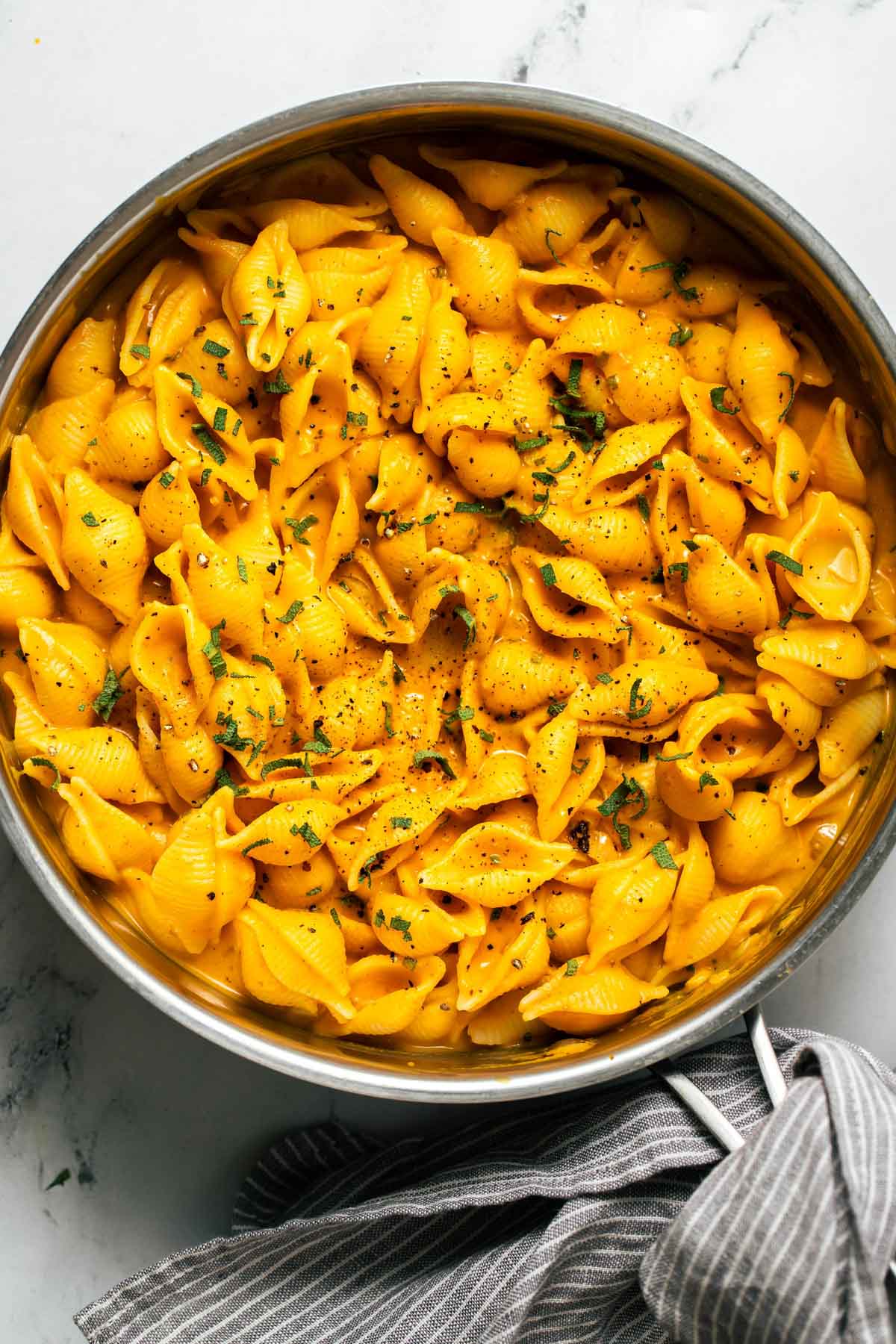 Pasta in a pumpkin sauce topped with sage and pepitas.