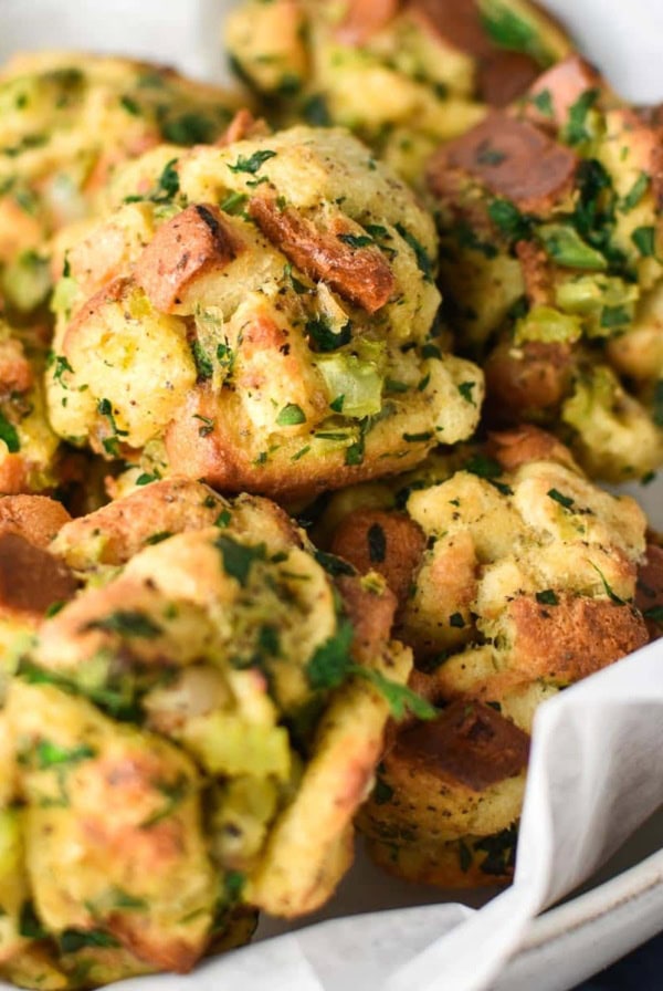 A large bowl of stuffing balls.