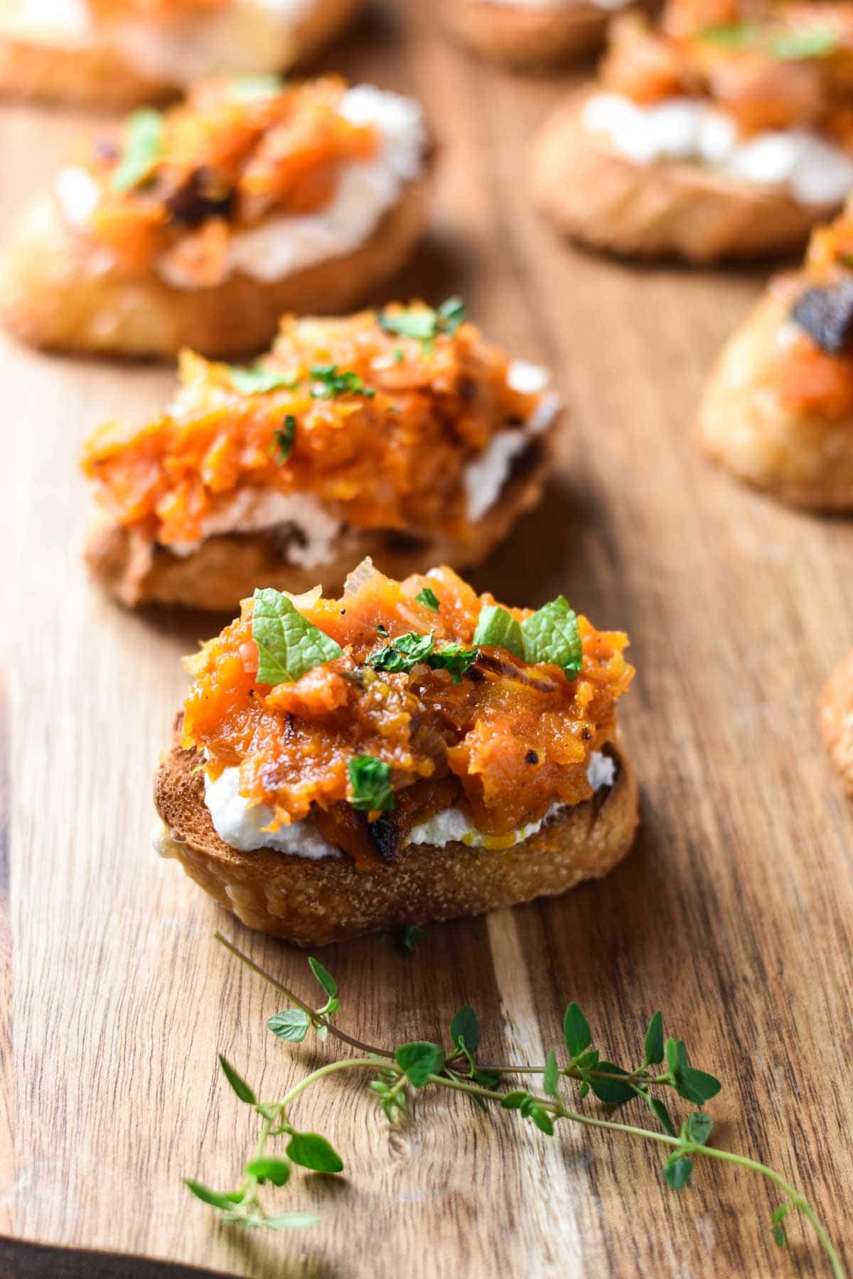 Crostini with butternut squash and thyme.