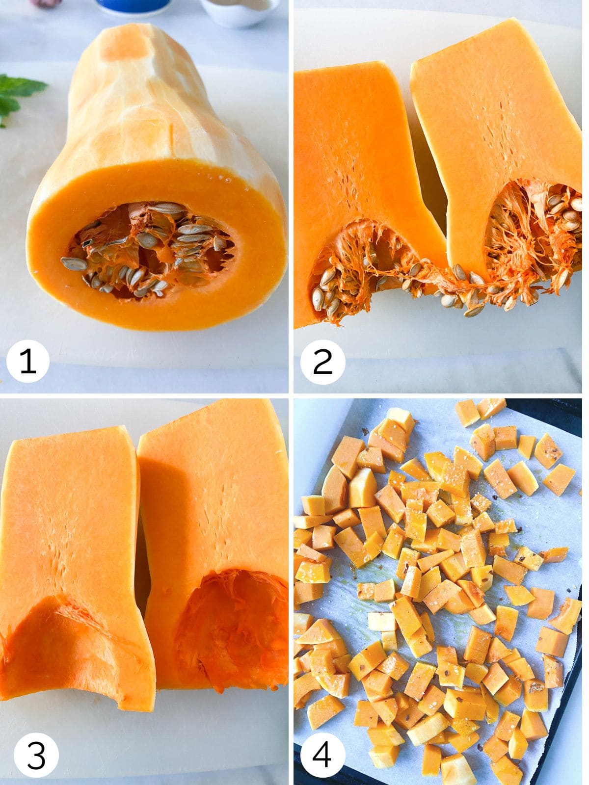 Steps for cutting a butternut squash.