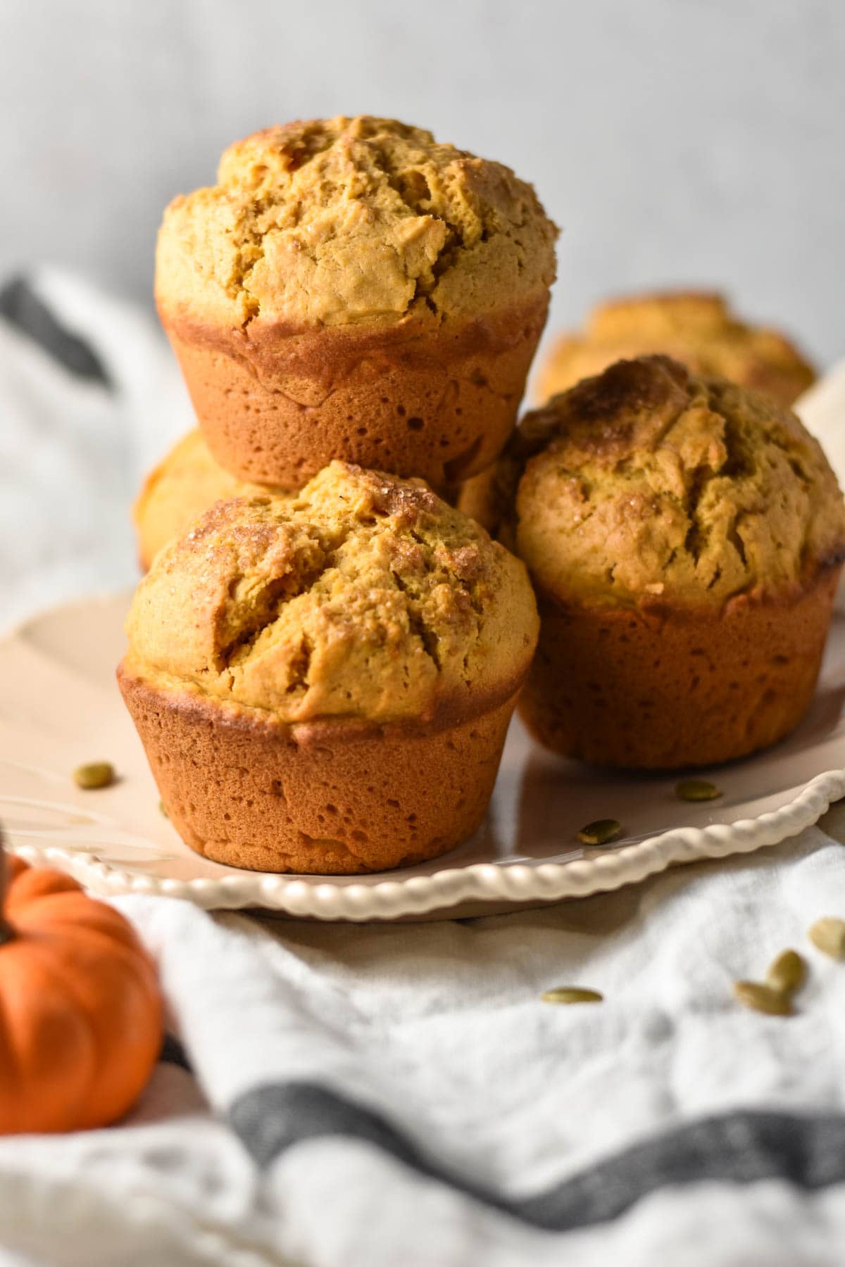 Bakery style pumpkin muffins on a plate with pumpkins.