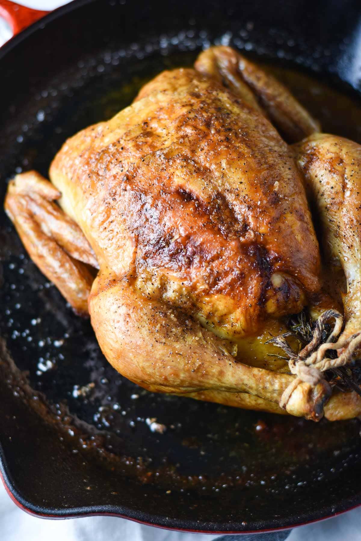 Roasted chicken in a cast iron with kitchen twine ties.