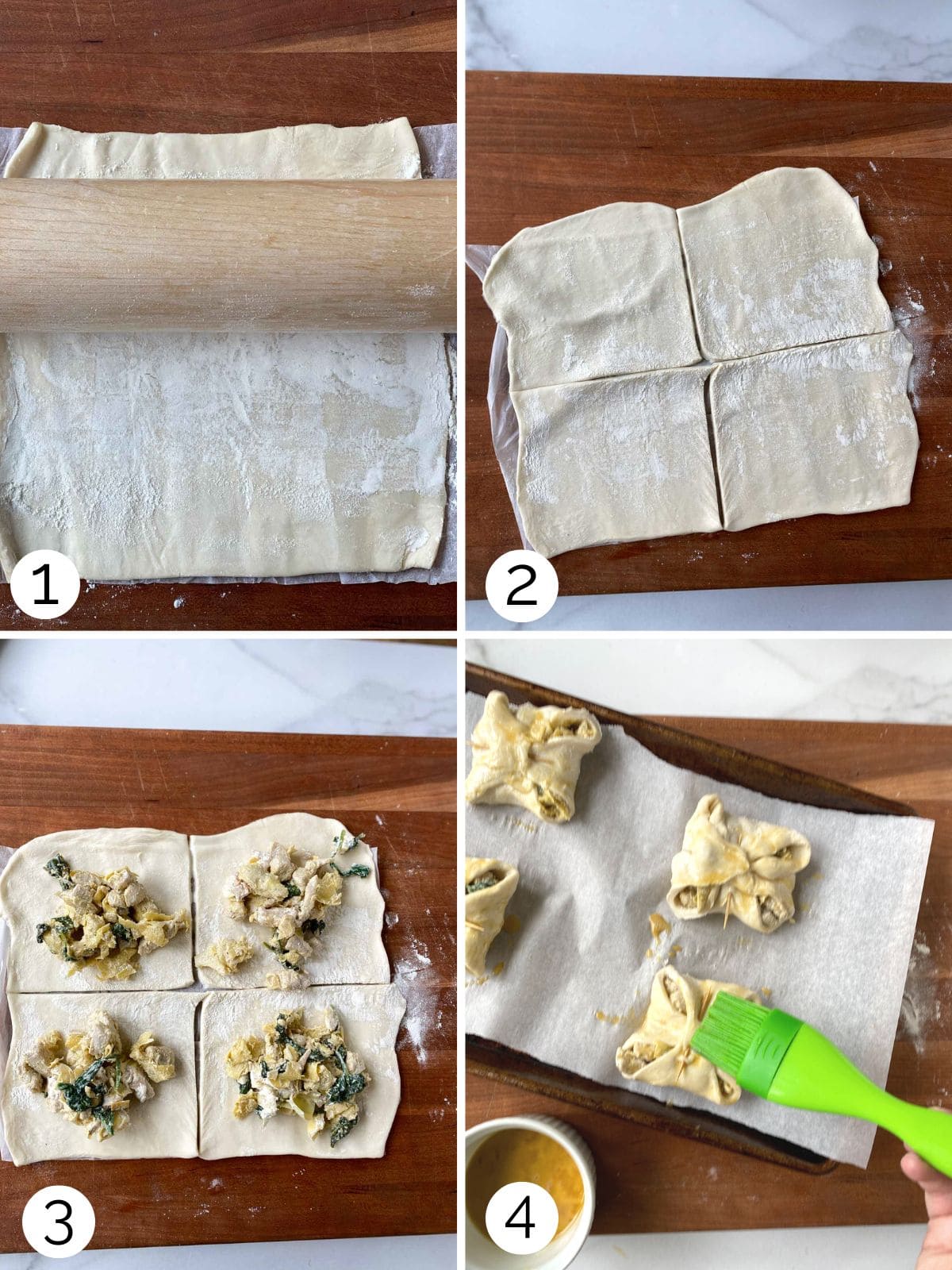Process photos showing how to stuff puff pastry with chicken artichoke filling.