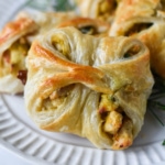 Chicken in puff pastry on a plate.