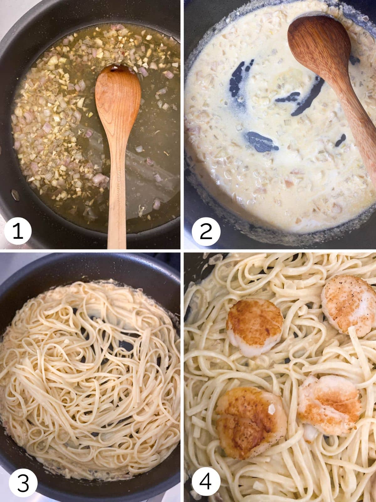 Step by step process for making linguine and seared scallops.