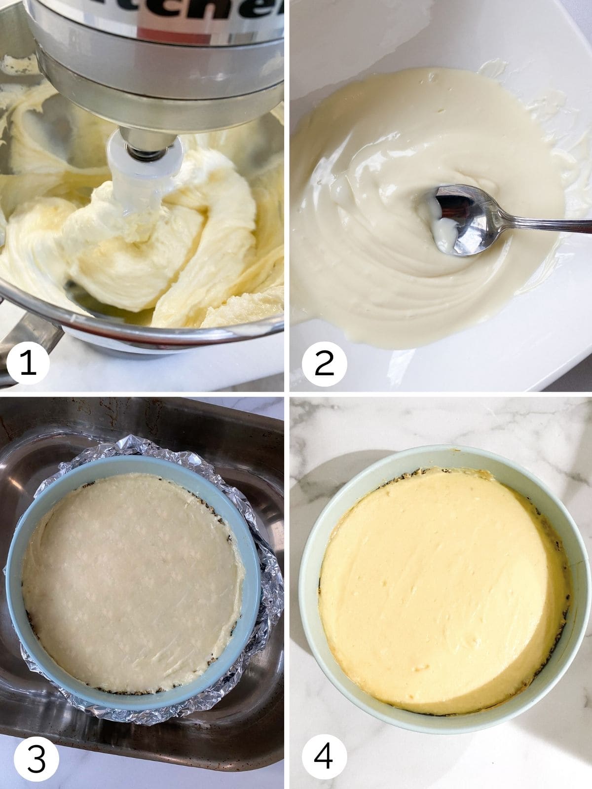 Step by step process for melting white chocolate and making cheesecake.