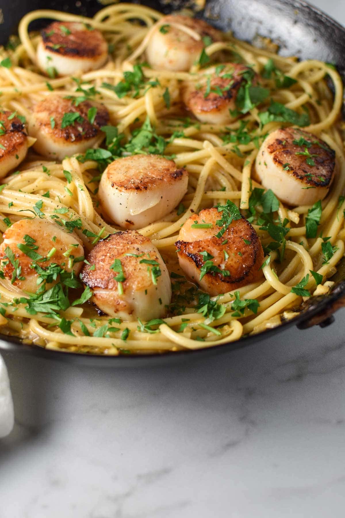 An image showing details of scallops topped with parsley on a creamy pasta.