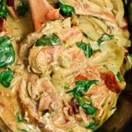 A wood spoon scooping chicken in a creamy Tuscan sauce out of a slow cooker.