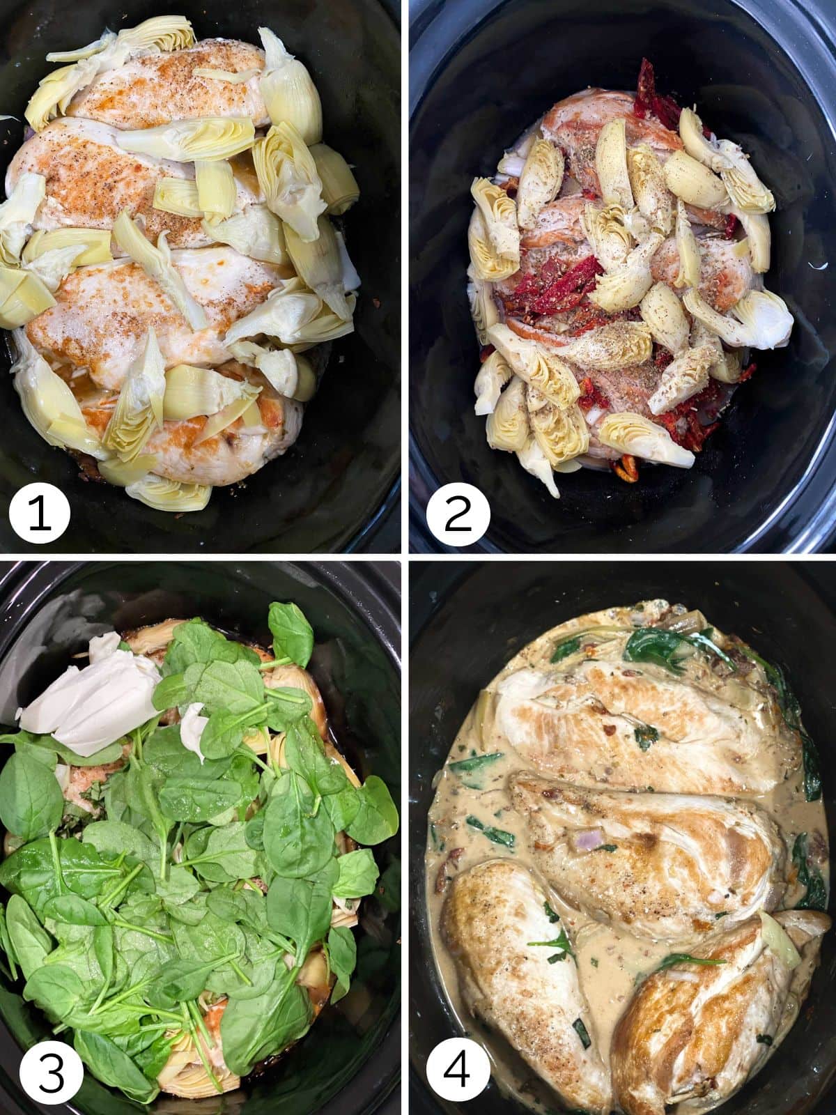 Step by step photos of making Tuscan chicken in the crockpot.