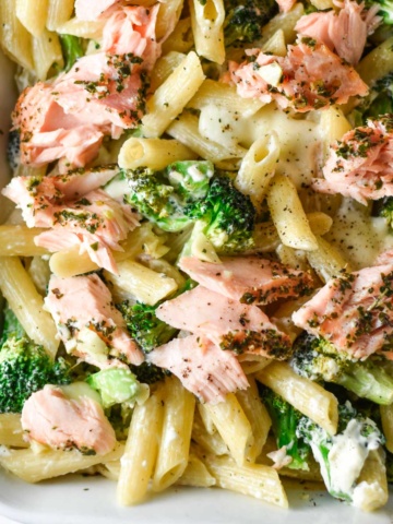 Creamy pasta topped with broccoli and salmon in a baking dish.