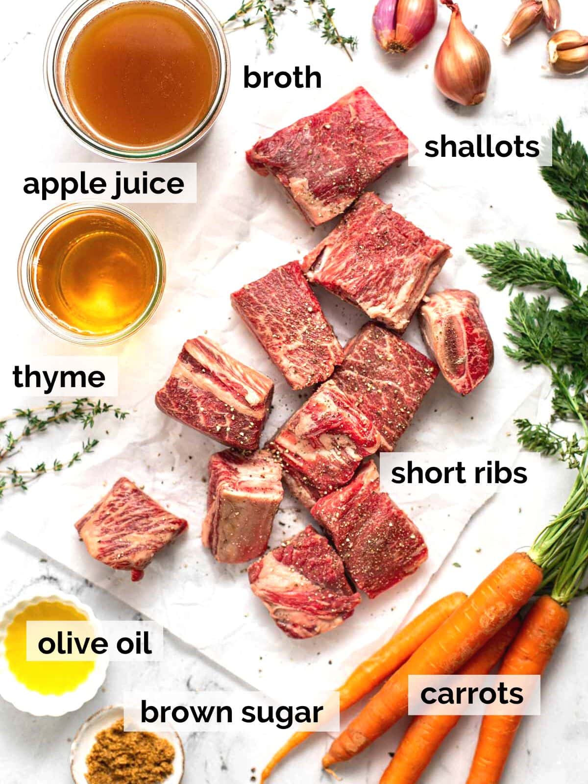 Ingredients for short ribs including broth, carrots, and shallots.