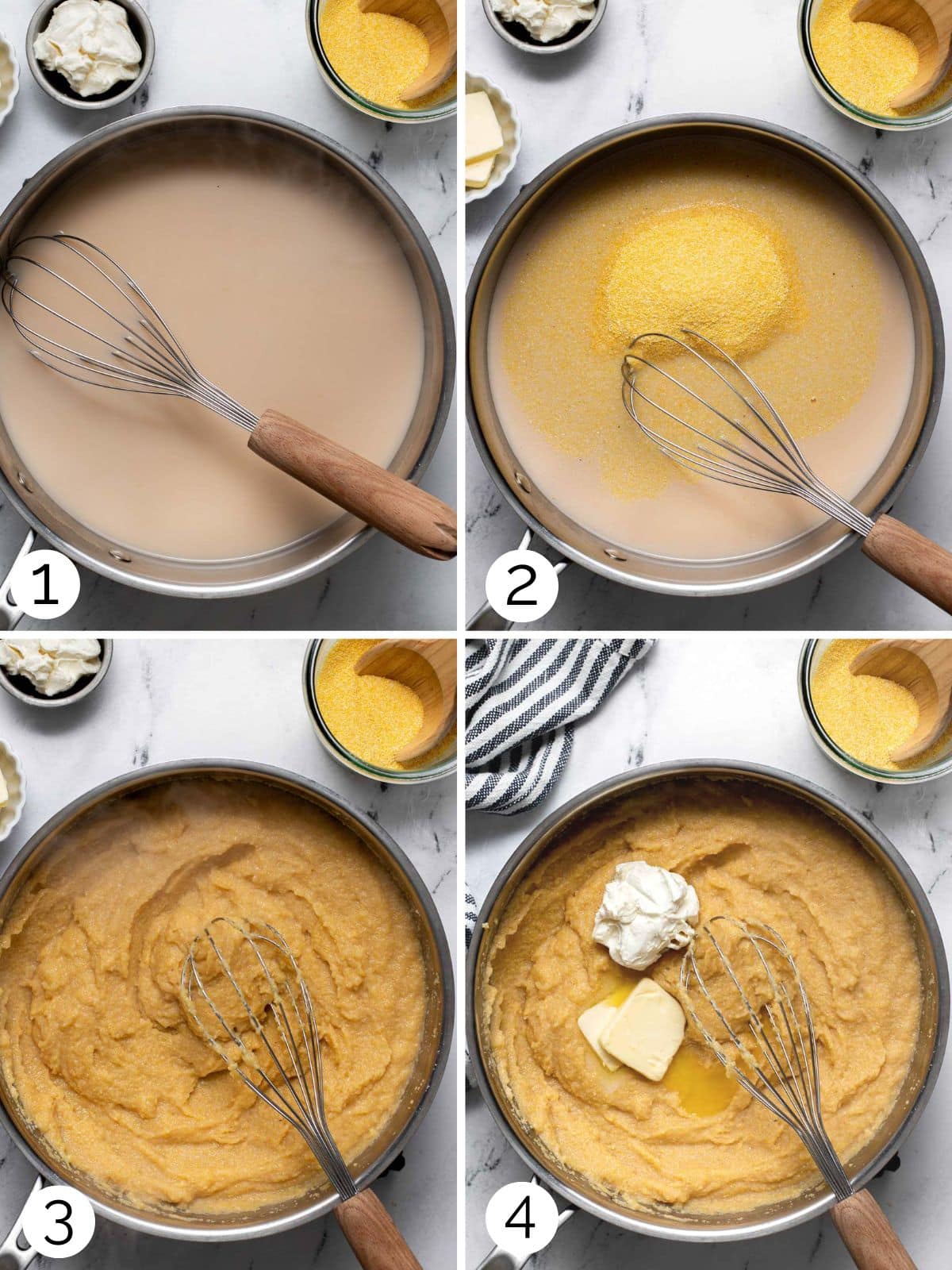Steps for making a creamy polenta.