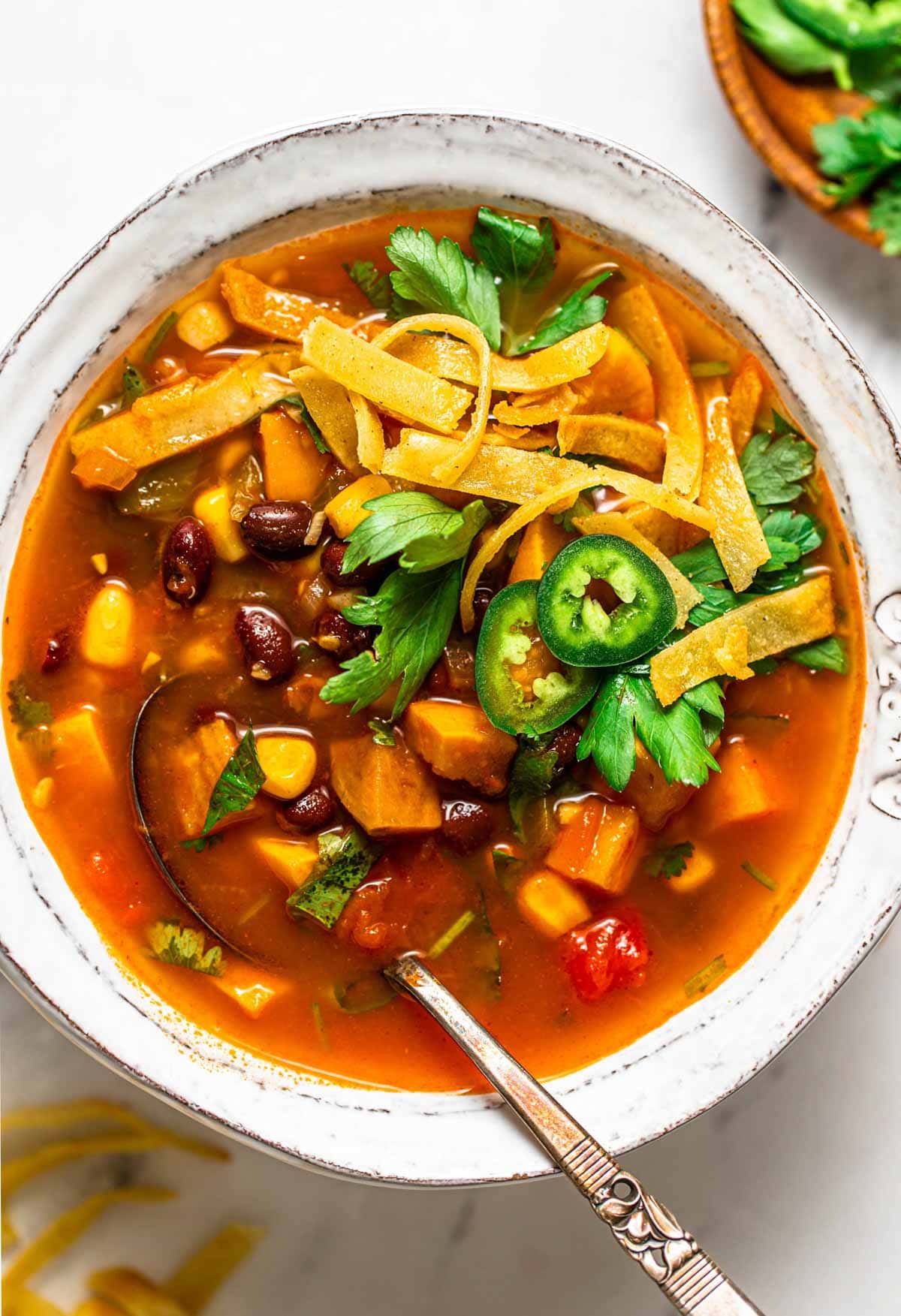 A spoon dipping into tortilla soup.