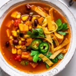 Vegetable tortilla soup in a white bowl.