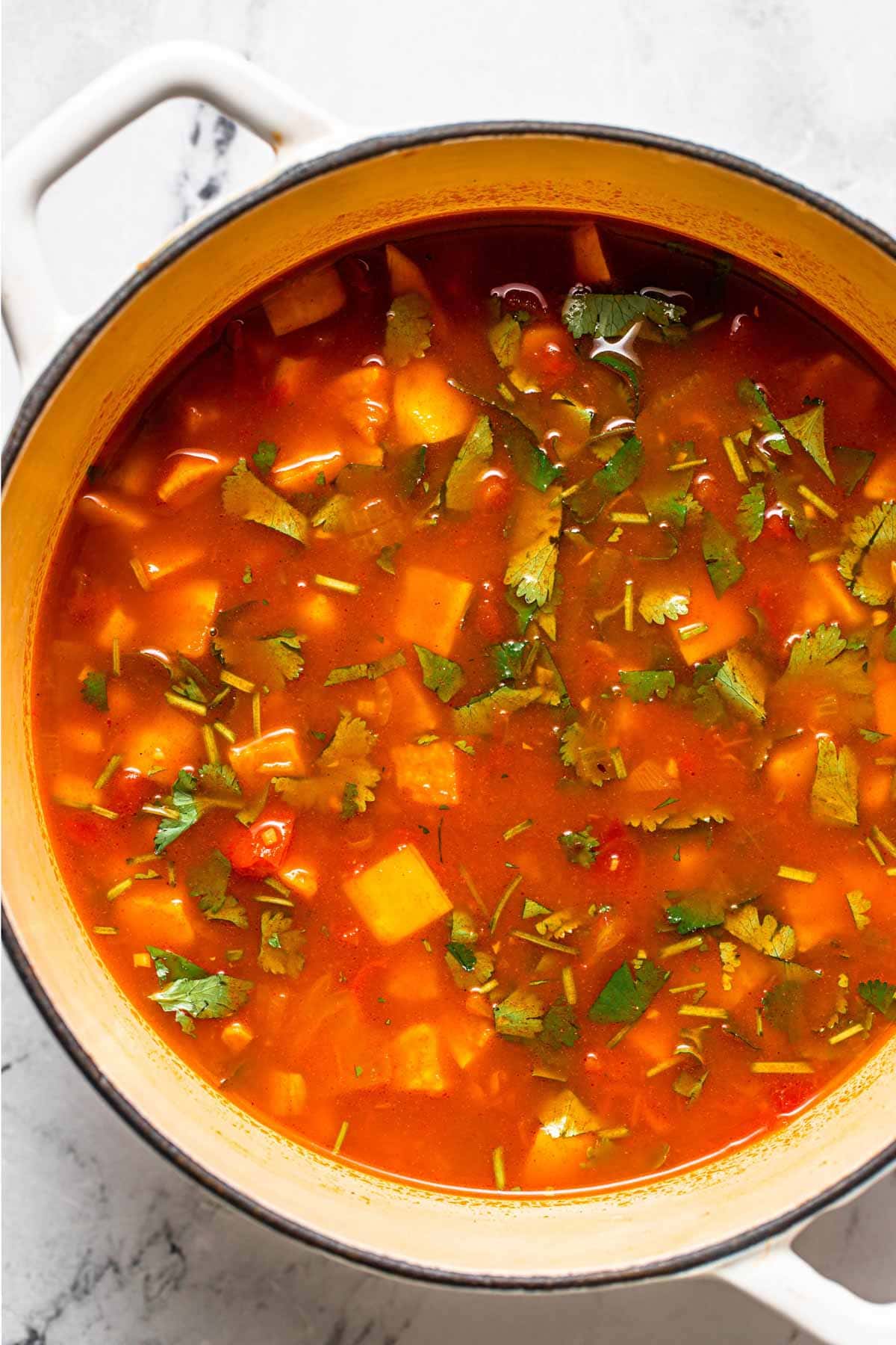 Adding cilantro and toppings to a pot of vegetable tortilla soup.