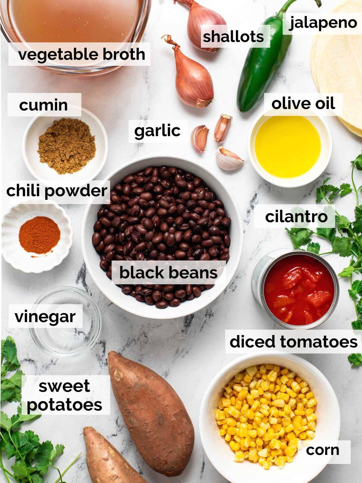 Vegetarian ingredients for tortilla soup on a table.