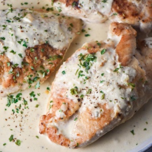 Creamy Boursin chicken on a plate with parsley.