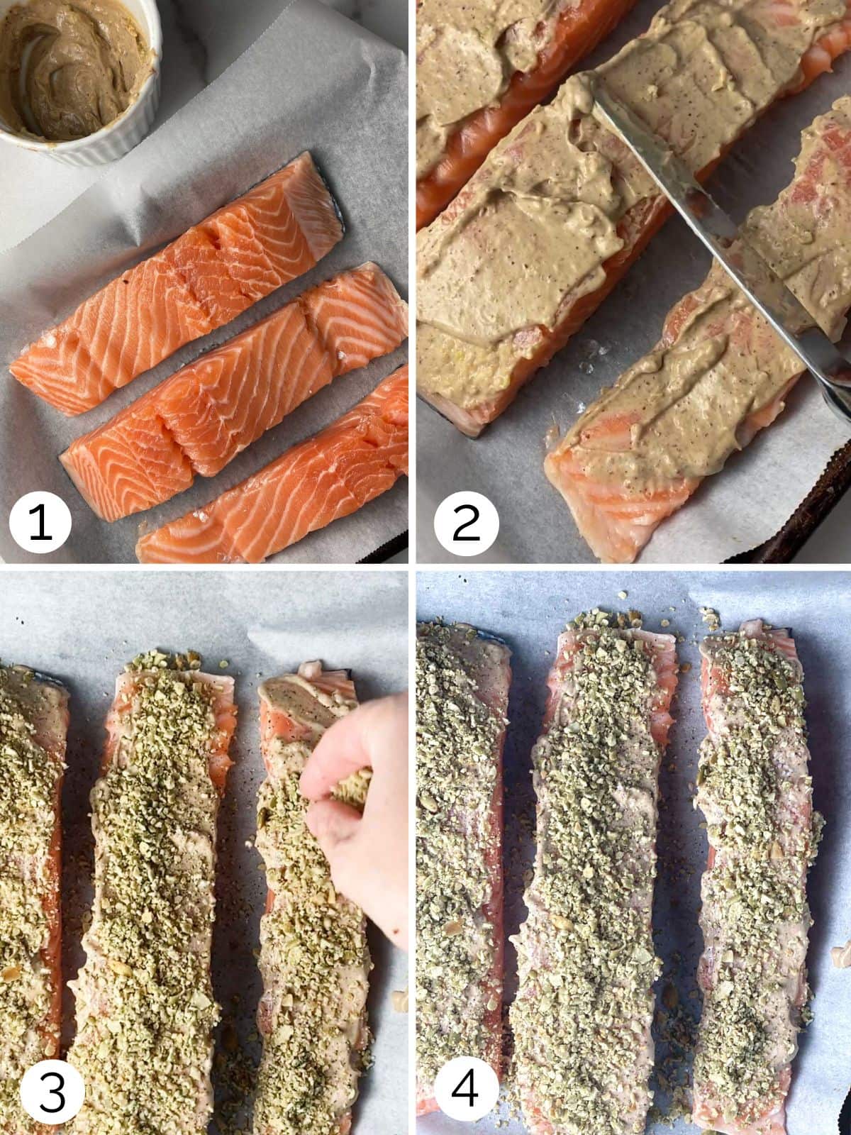 Step by step process for making a baked crusted salmon.