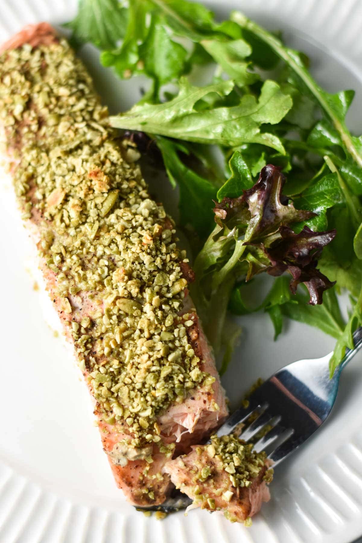 Salmon crusted with pepita seeds with a salad on a plate.