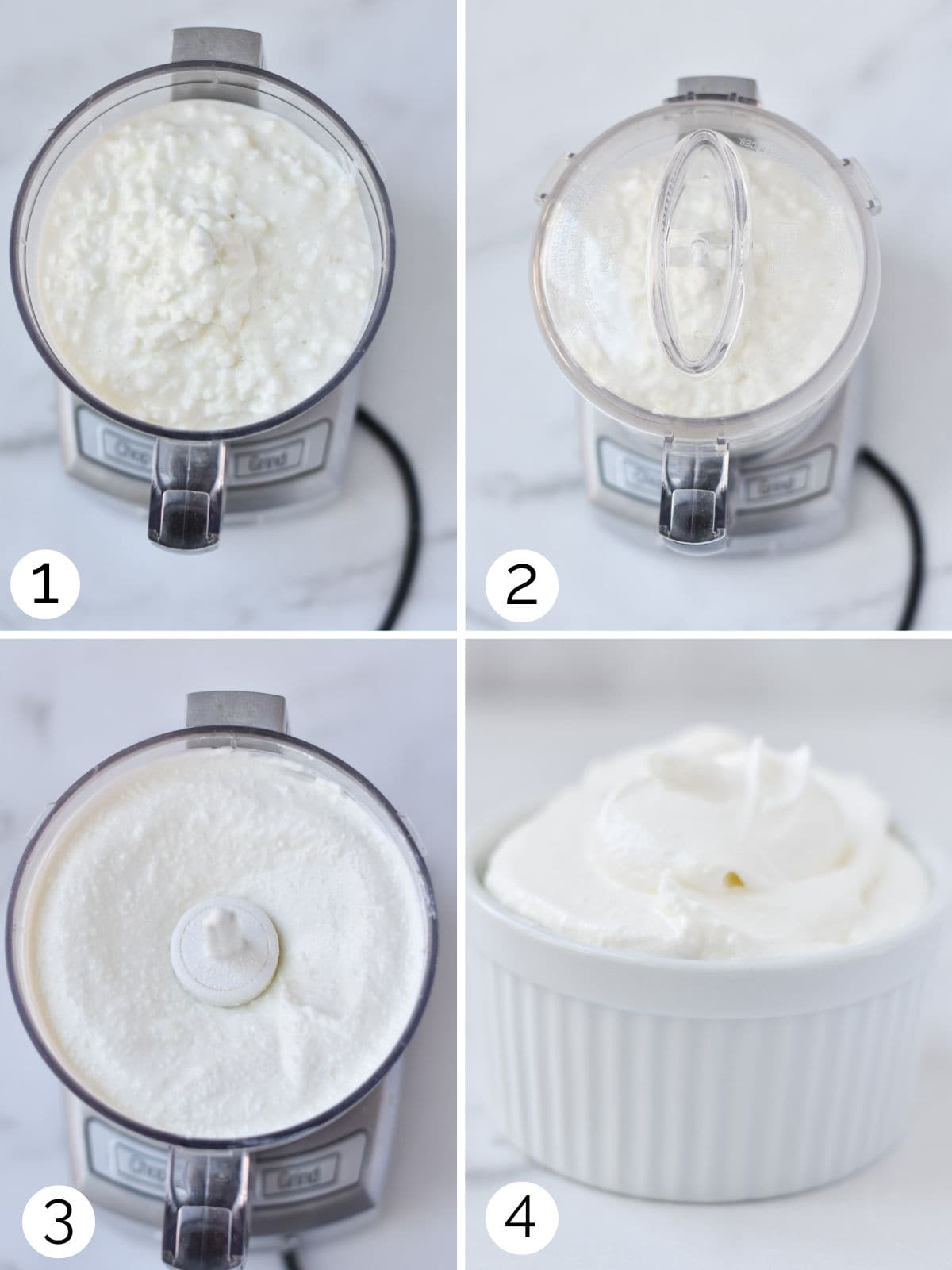 Process photos for blending cottage cheese in a food processor.