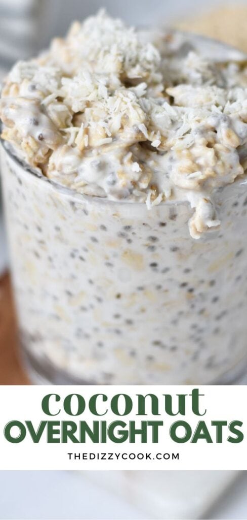 A cup of coconut overnight oats with shredded coconut on top.